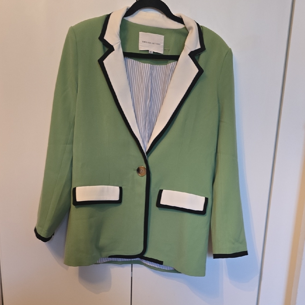 English Factory Mint Blazer with Black and Cream Accents And Stripped Lining